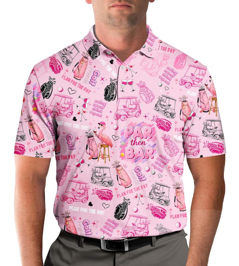Cute Pink Flamingo Golf Cart Pattern Shirt, Tropical Summer Golf Shirt for Men, Funny Vacation Beach Shirt, Casual Resort Style Top