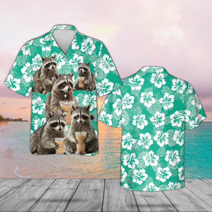 Raccoon Drinking Coffee Party Wear Hawaiian Shirt for Men Women