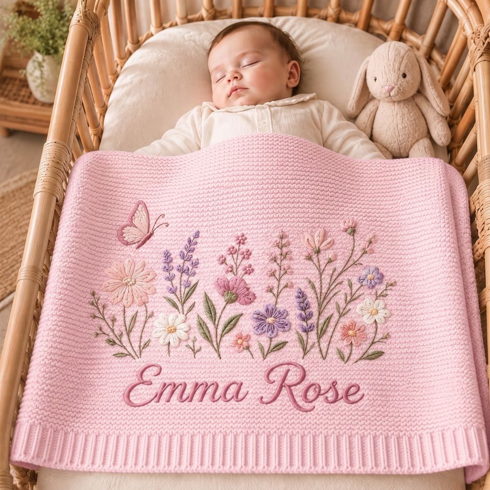 Personalized Embroidery Floral Knit Baby Blanket