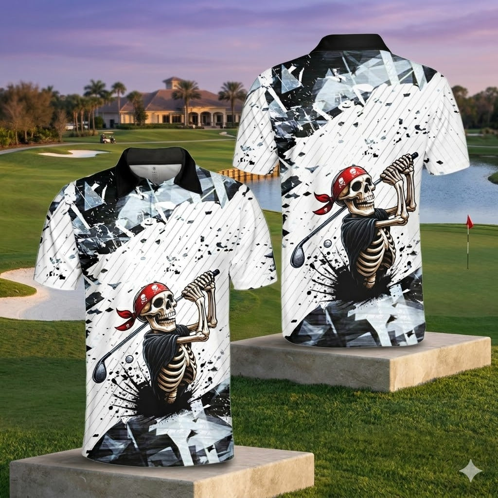 Pirate Skeleton Golf Polo Shirt for Men Women, Funny Golfer Outfit with Skull Bandana Print