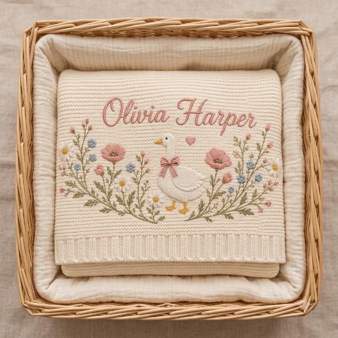Embroidered Flower Cotton Blanket, Custom Name Baby Blanket