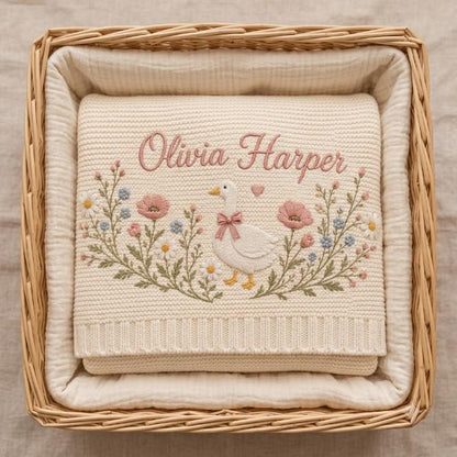 Embroidered Flower Cotton Blanket, Custom Name Baby Blanket