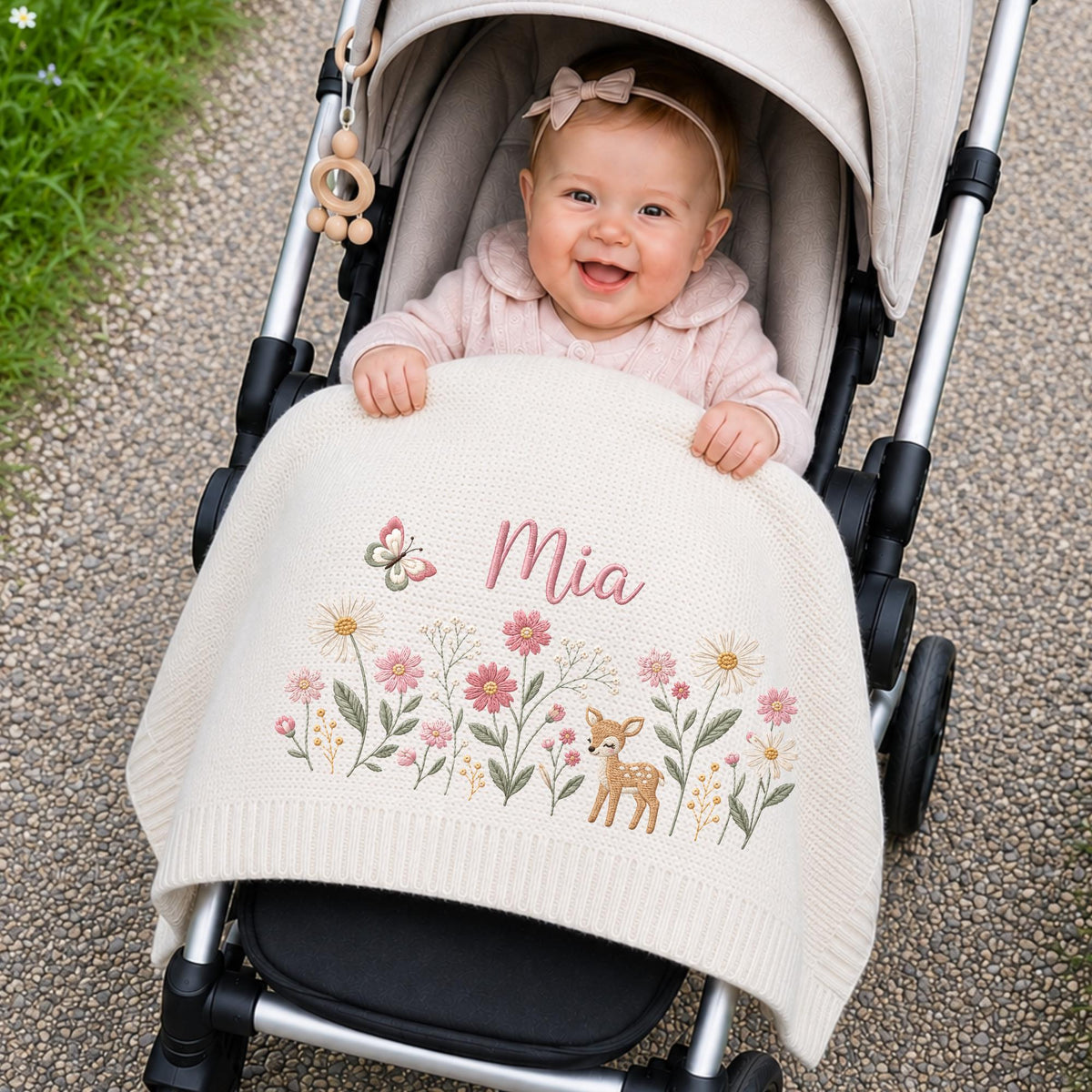 Personalized Baby Embroidery Blanket with Name Flower