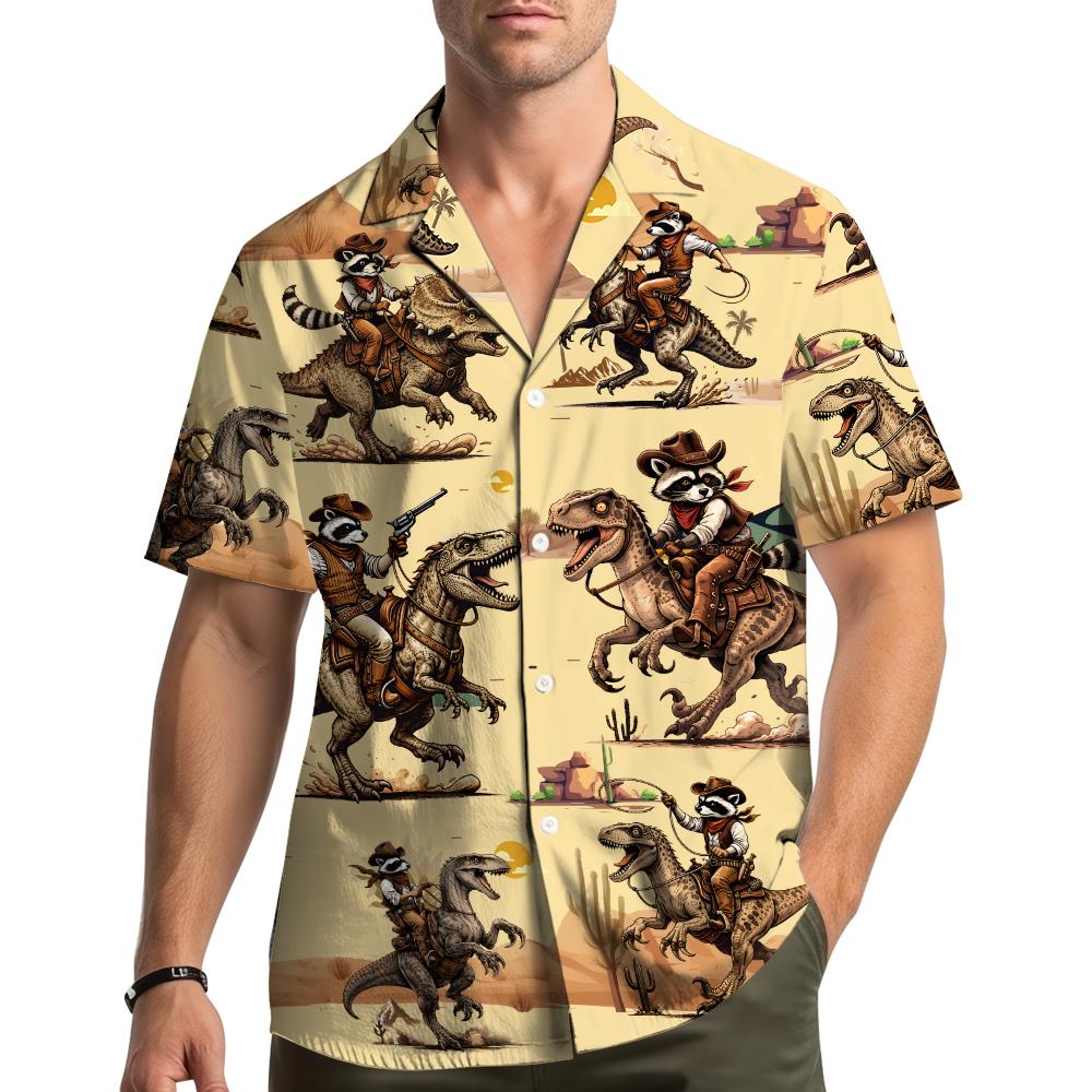 Raccoon Riding Dinosaur Aloha Shirt, Funny Wild West Gift