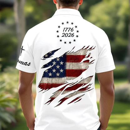 USA 250th Anniversary Polo Shirt 1776-2026, USA Flag Ripped Design Polo