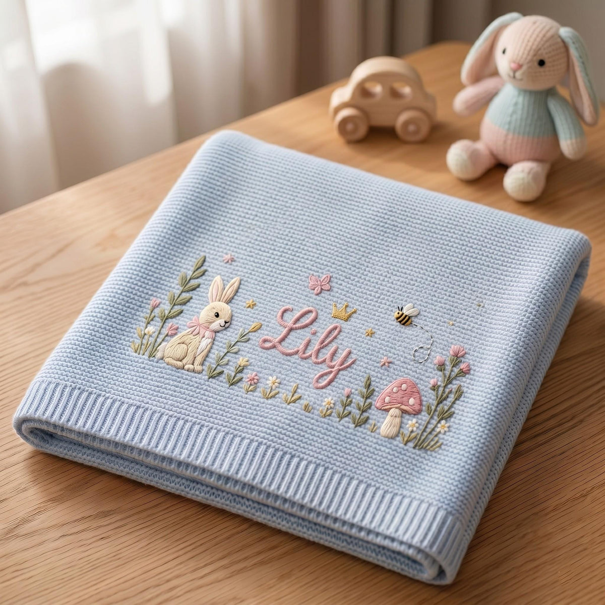 Personalized Embroidered Bunny Floral Baby Blanket