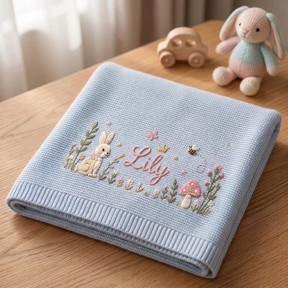 Personalized Embroidered Bunny Floral Baby Blanket