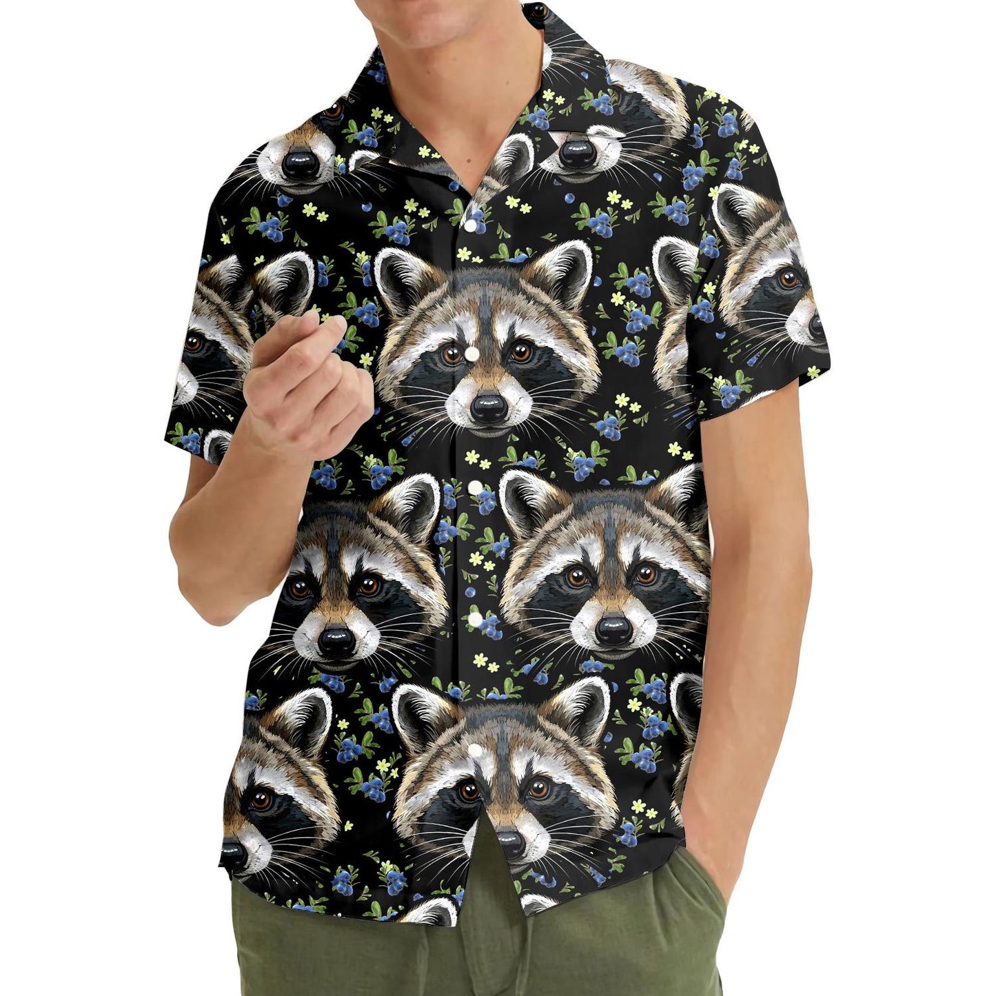 Raccoon Hawaiian Shirt for Men Women Youth, Blue Berry & Raccoon Print