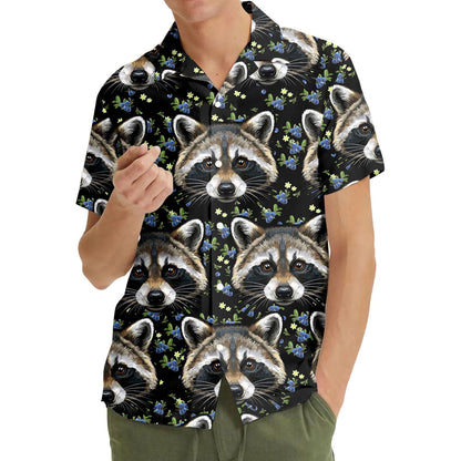 Raccoon Hawaiian Shirt for Men Women Youth, Blue Berry & Raccoon Print