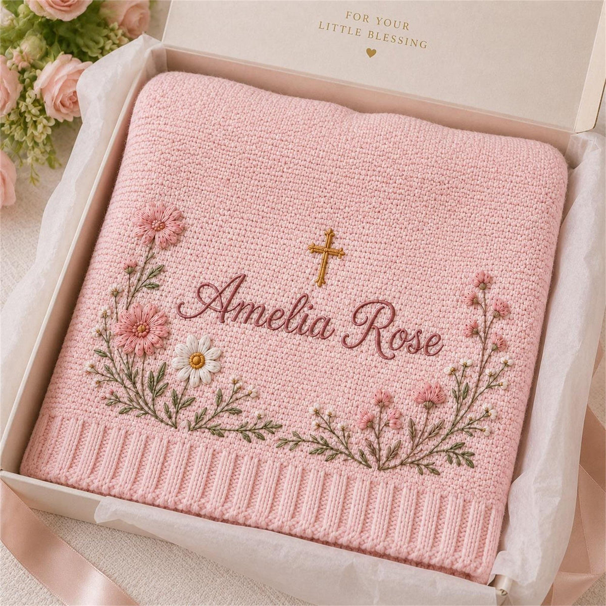 Personalized Embroidery Floral Cross Baby Blanket