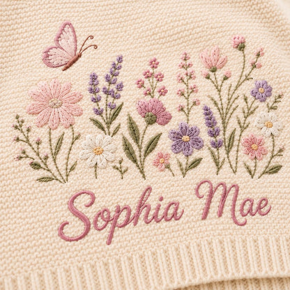 Personalized Embroidery Floral Knit Baby Blanket