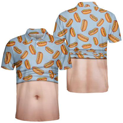 Hot Dog Belly Polo Shirt for Men, Dad Bod Illusion Shirt, BBQ Party Polo