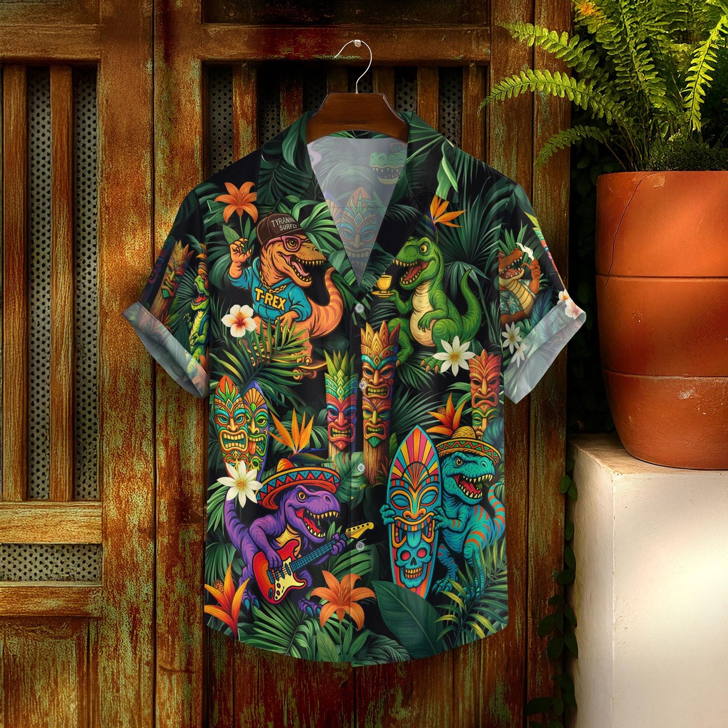 Dinosaur Tropical Hawaiian Tiki Shirts, Dinosaur Summer Beach Shirt