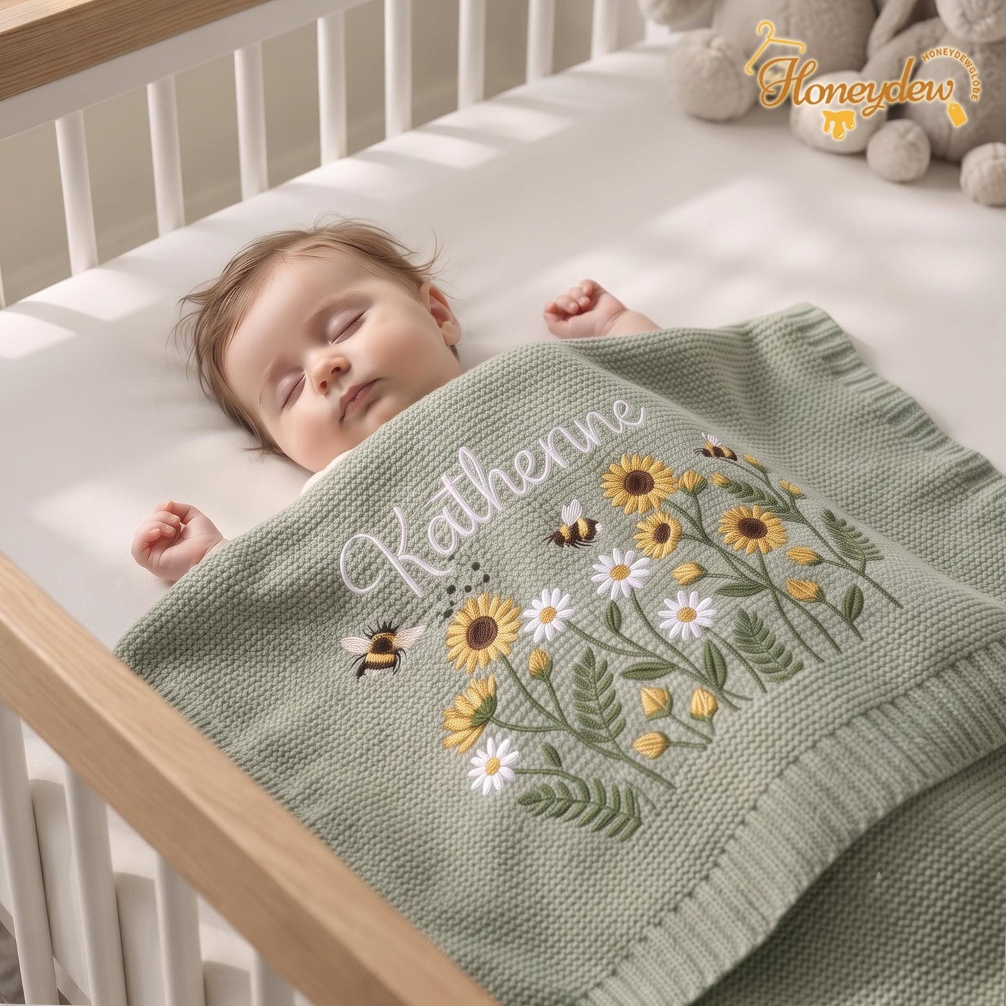 Embroidered Personalized Sun Flowers with Bee Baby Blanket