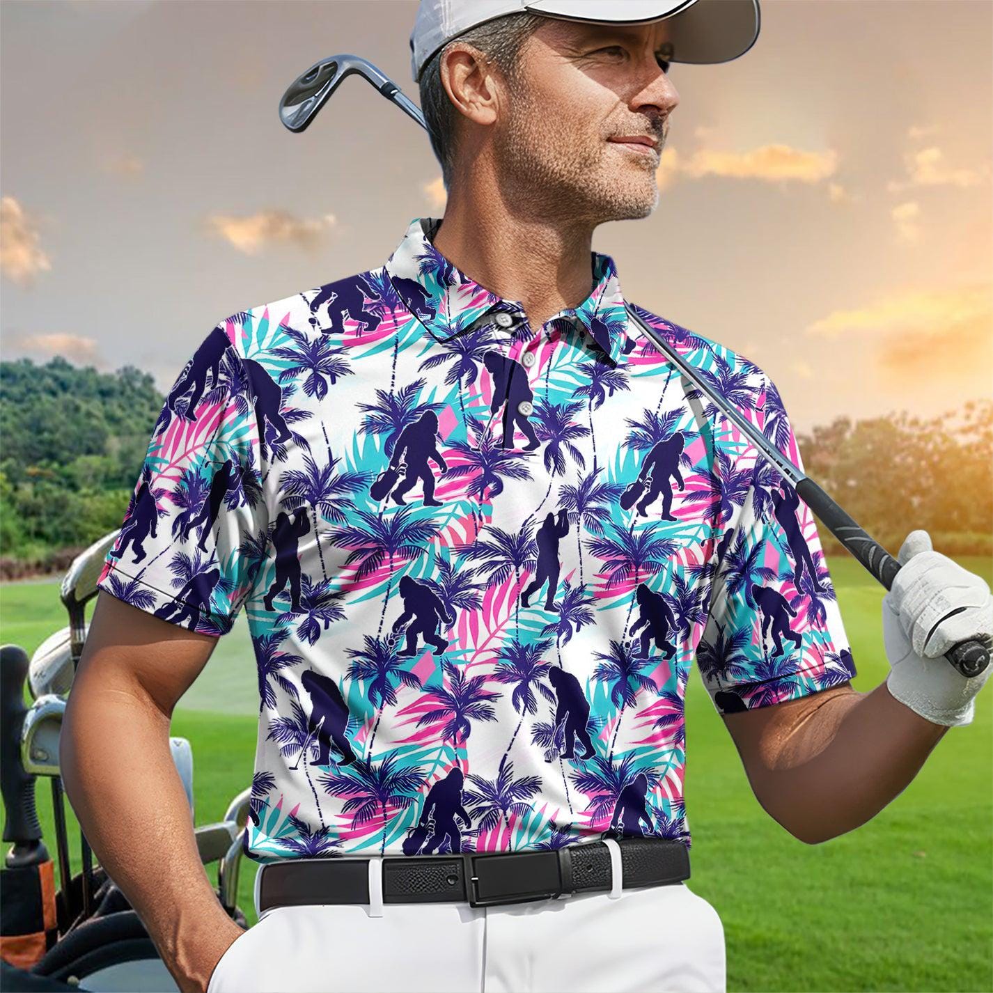 Bigfoot Golf Polo Shirt Men, Sasquatch Tropical Palm Golf Polo
