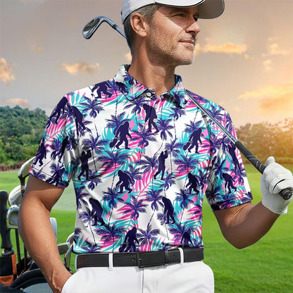 Bigfoot Golf Polo Shirt Men, Sasquatch Tropical Palm Golf Polo