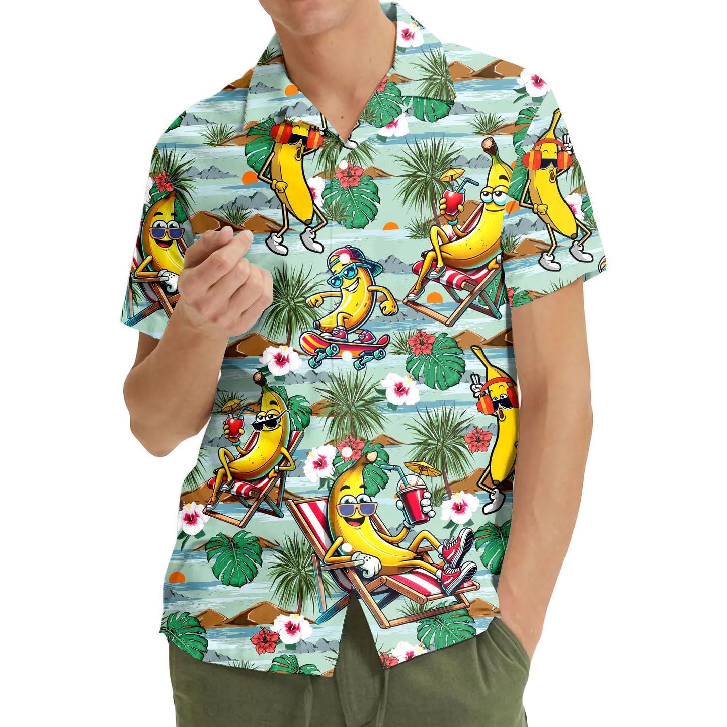 Banana Hawaiian Shirt for Men Women Youth, Tropical Banana Button Down Short Sleeve Shirt