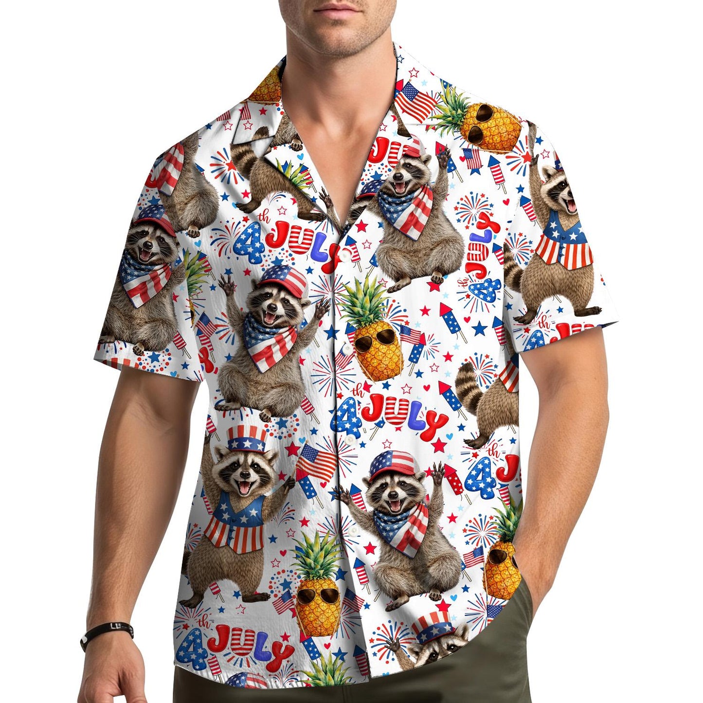 Raccoon & Pineapple Hawaiian Shirt, Patriotic USA Button Up Shirt