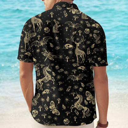 Gothic Skeleton Animals Button Shirt, Mythical Unicorn Bat Deer Shirt