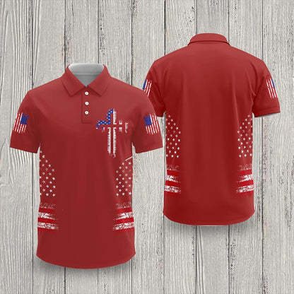 Christian Cross American Flag Polo Shirt for Men