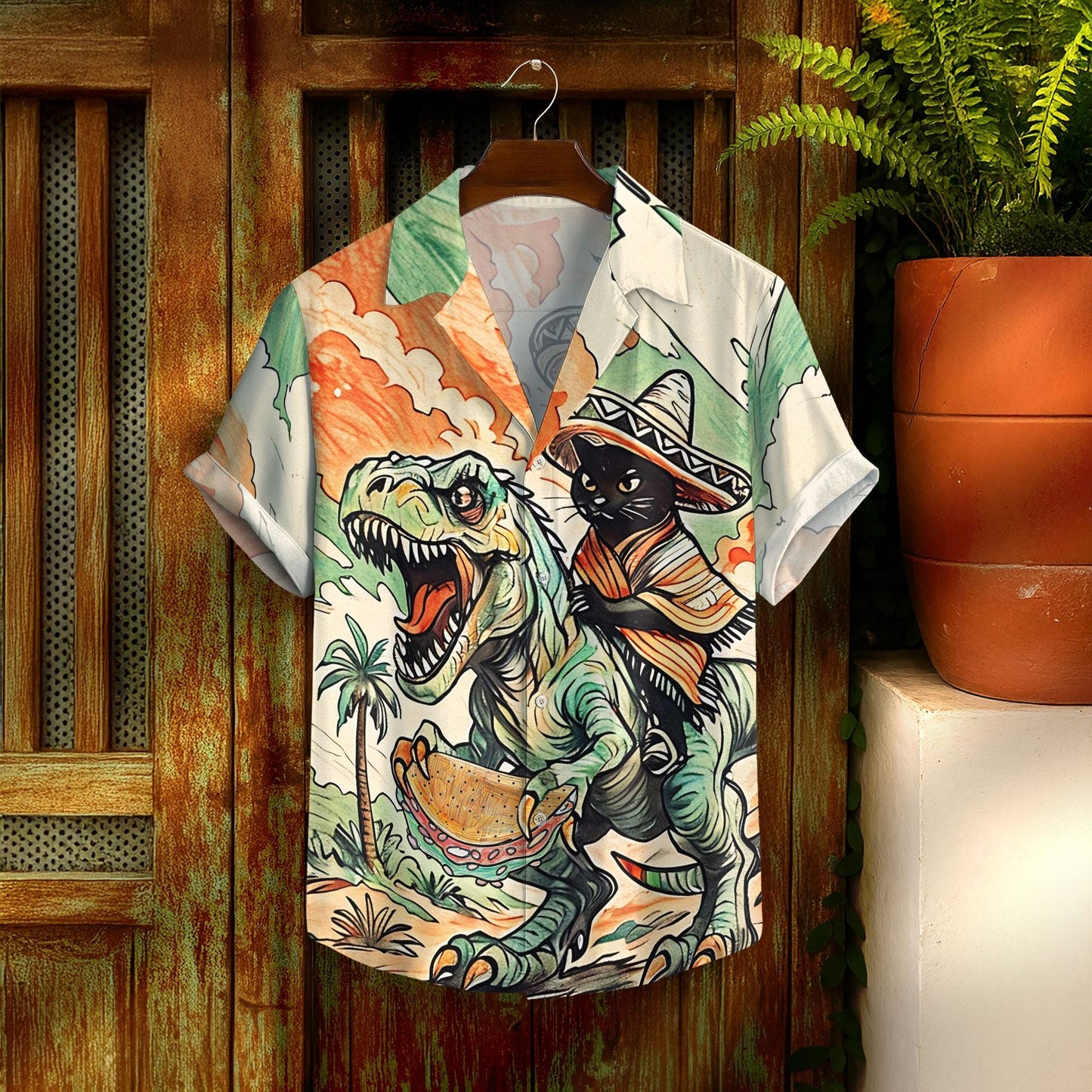 Dinosaur Summer Beach Shirt, Cowboy Shirt For Men