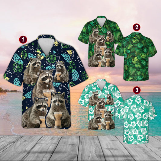 Raccoon Drinking Coffee Party Wear Hawaiian Shirt for Men Women