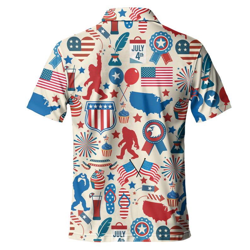 4th of July Bigfoot Polo Shirt, Patriotic USA Flag Sasquatch Golf Shirt for Men