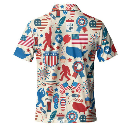 4th of July Bigfoot Polo Shirt, Patriotic USA Flag Sasquatch Golf Shirt for Men