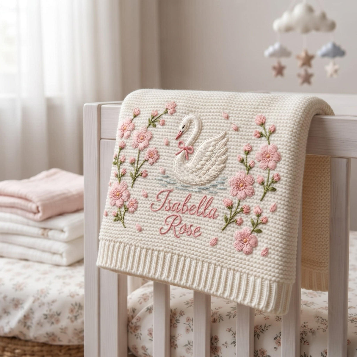 Personalized Knit Swan Baby Blanket Name Custom Embroidered Princess Swan