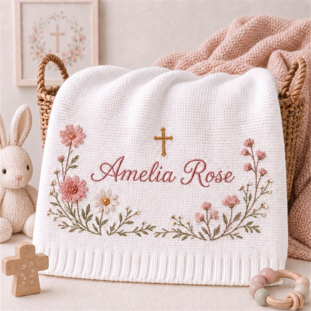Personalized Embroidery Floral Cross Baby Blanket