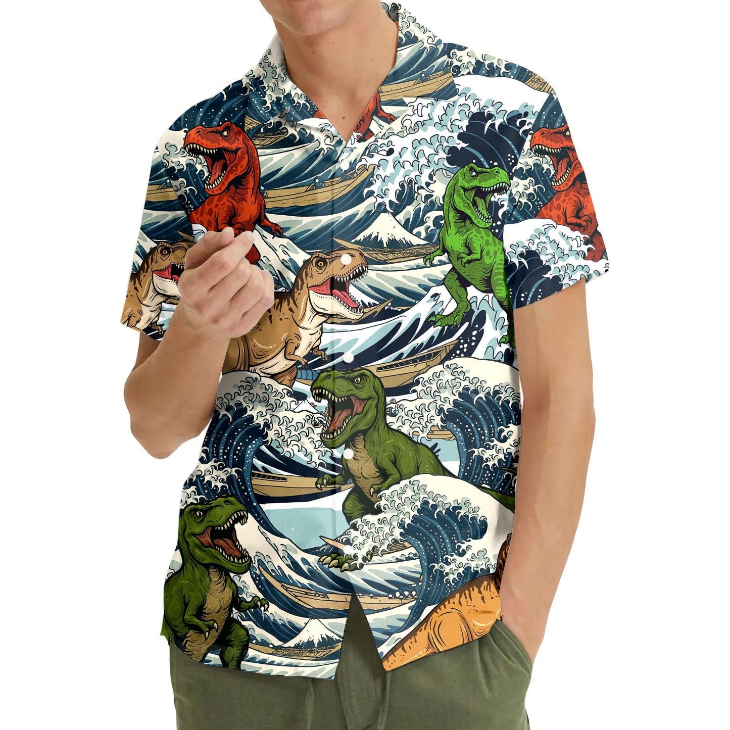 Dinosaur T-rex in Ocean Wave Shirt, Vacation Beach Shirt
