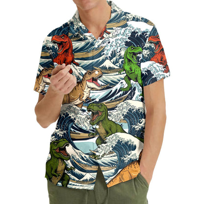 Dinosaur T-rex in Ocean Wave Shirt, Vacation Beach Shirt