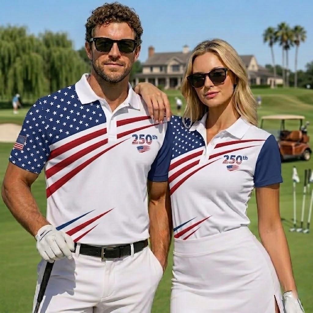 USA 250th Anniversary Golf Polo Shirt American Flag Couple Shirt