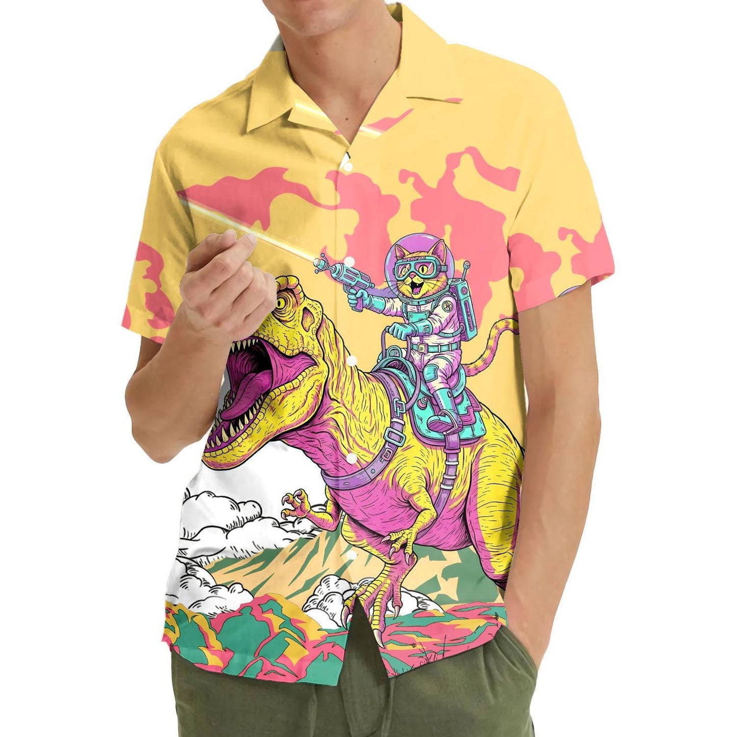 Astronaut Cat Riding Dinosaur Hawaiian Shirt
