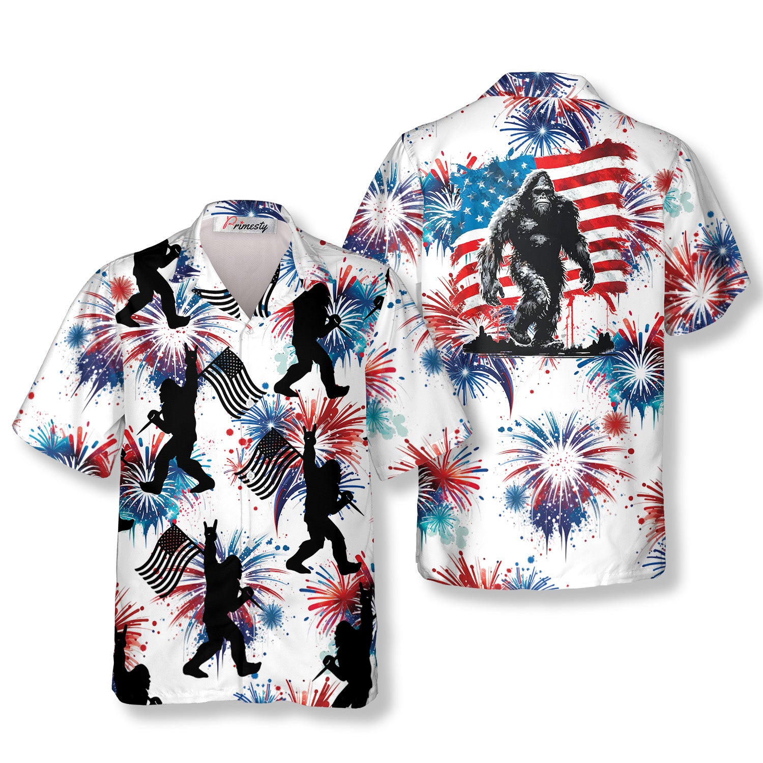 4th Of July Firework Bigfoot Hawaiian Shirts For Men - Primesty