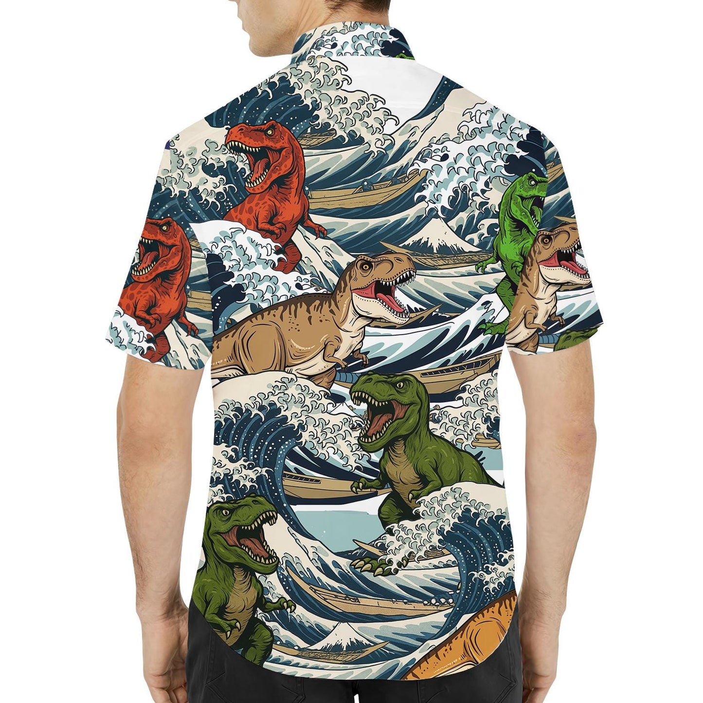 Dinosaur T-rex in Ocean Wave Shirt, Vacation Beach Shirt