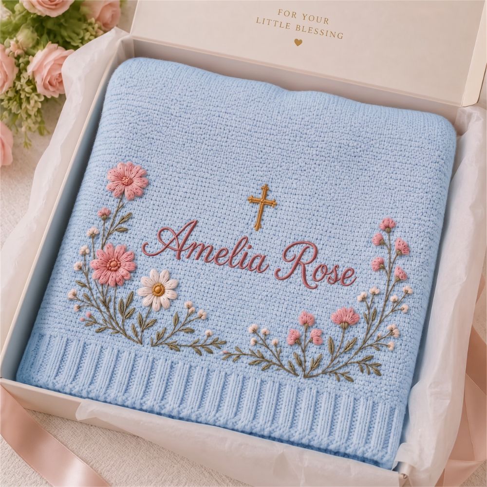 Personalized Embroidery Floral Cross Baby Blanket