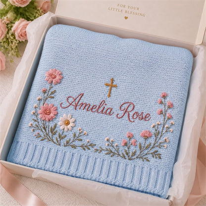 Personalized Embroidery Floral Cross Baby Blanket