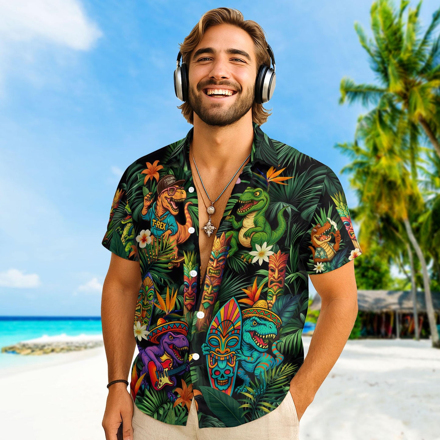 Dinosaur Tropical Hawaiian Tiki Shirts, Dinosaur Summer Beach Shirt