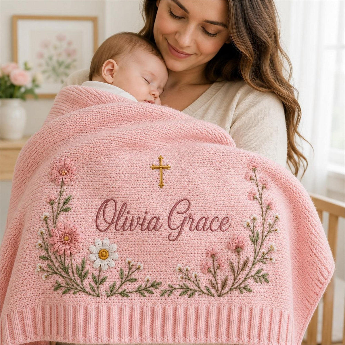 Personalized Embroidery Floral Cross Baby Blanket