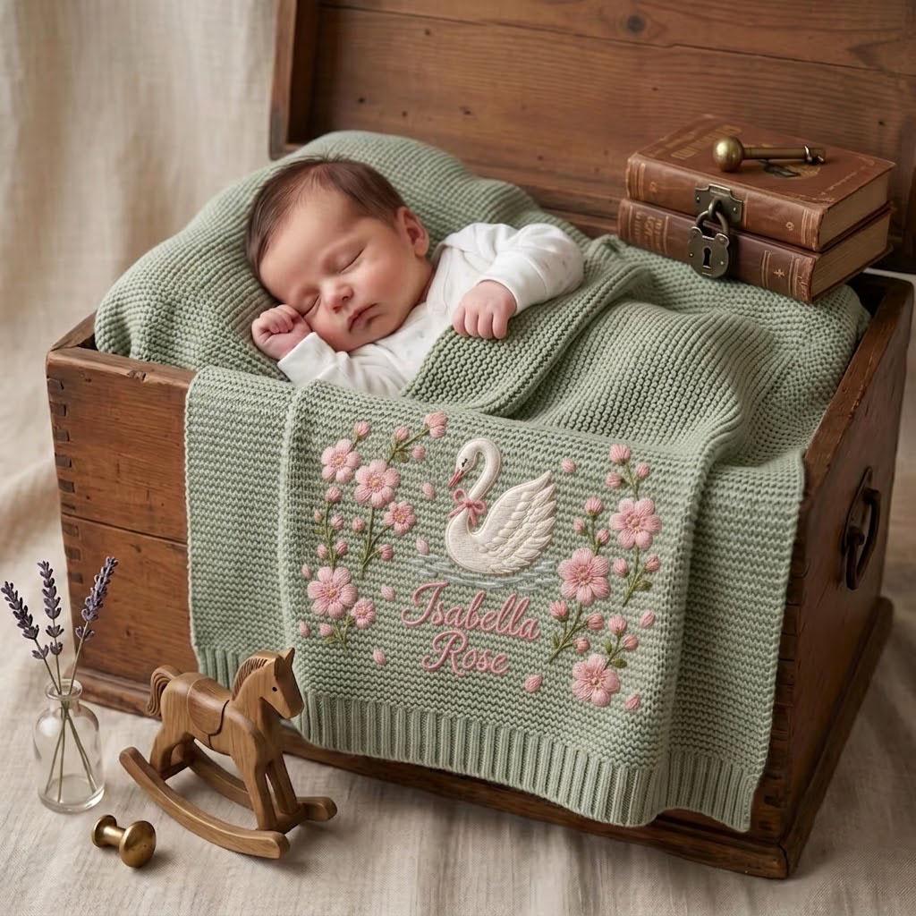 Personalized Knit Swan Baby Blanket Name Custom Embroidered Princess Swan