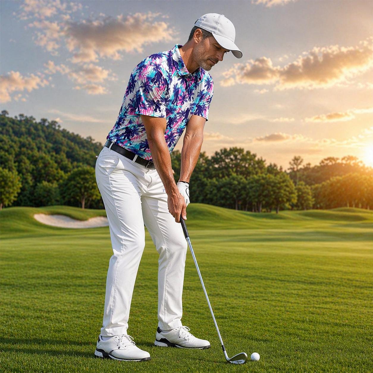 Bigfoot Golf Polo Shirt Men, Sasquatch Tropical Palm Golf Polo