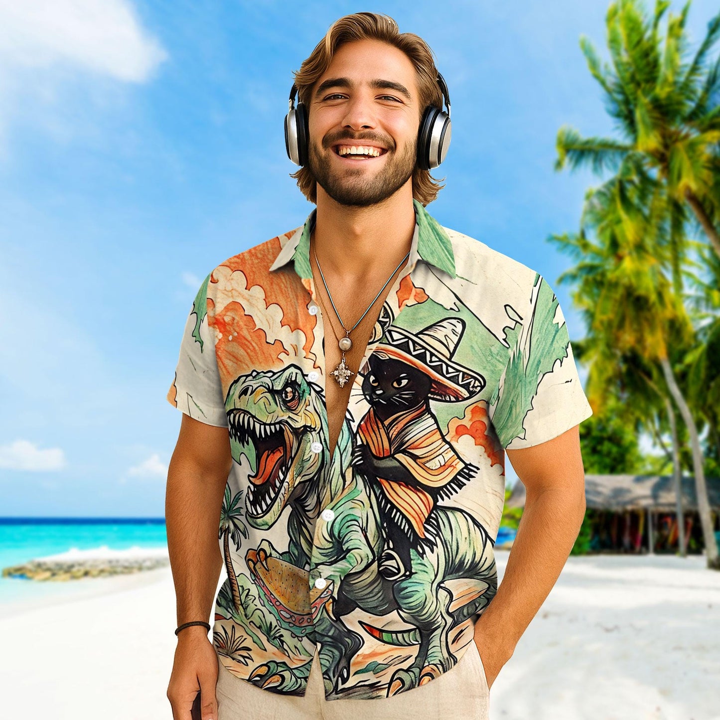 Dinosaur Summer Beach Shirt, Cowboy Shirt For Men