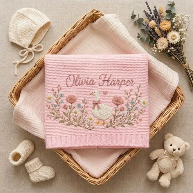 Embroidered Flower Cotton Blanket, Custom Name Baby Blanket