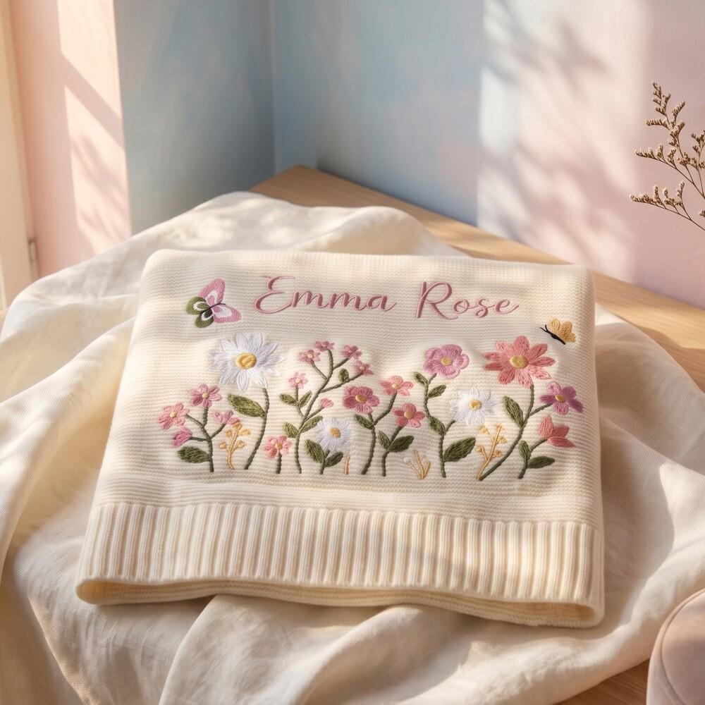 Personalize Embroidered Floral Baby Blanket