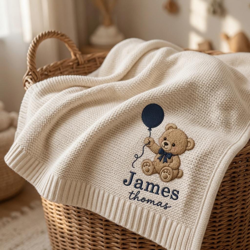Personalized Teddy Bear Embroidered Baby Blanket