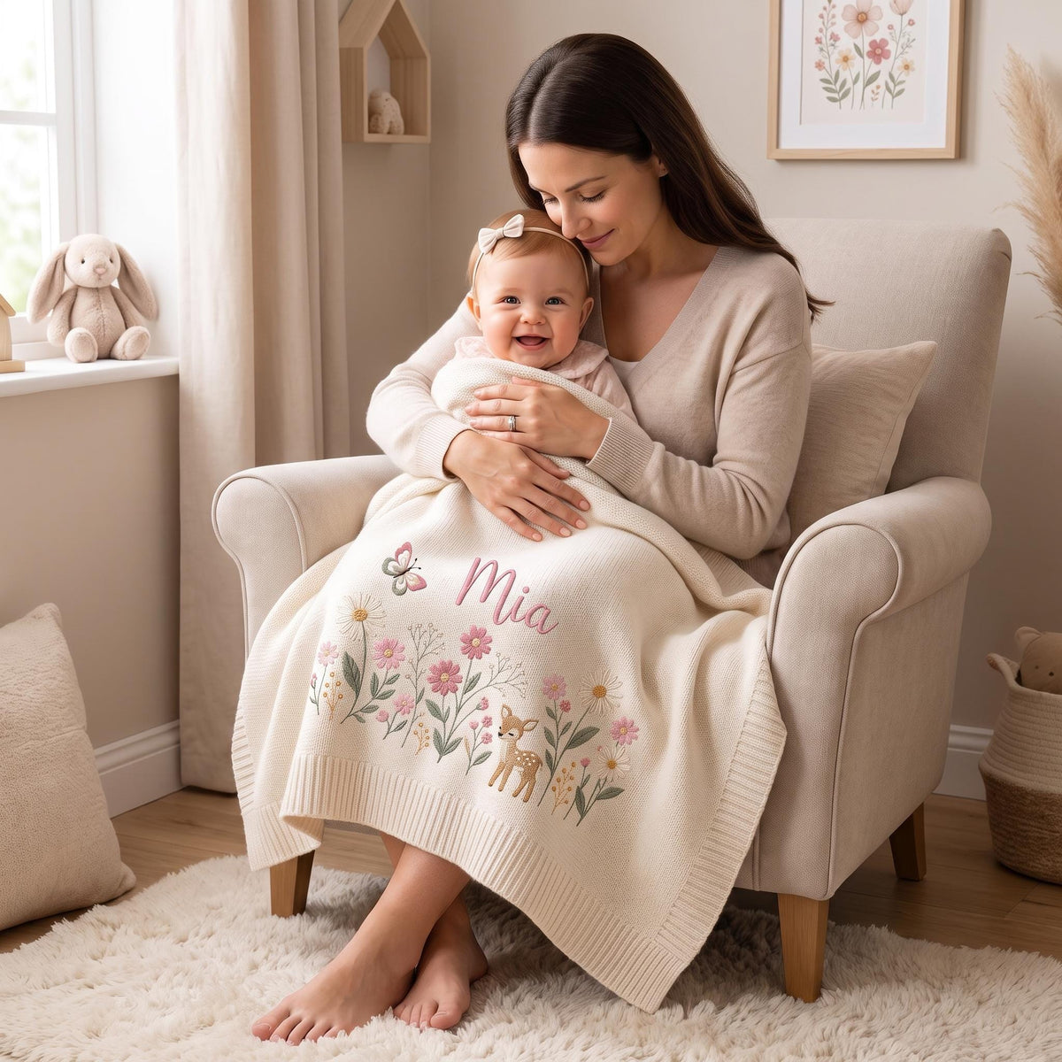 Personalized Baby Embroidery Blanket with Name Flower