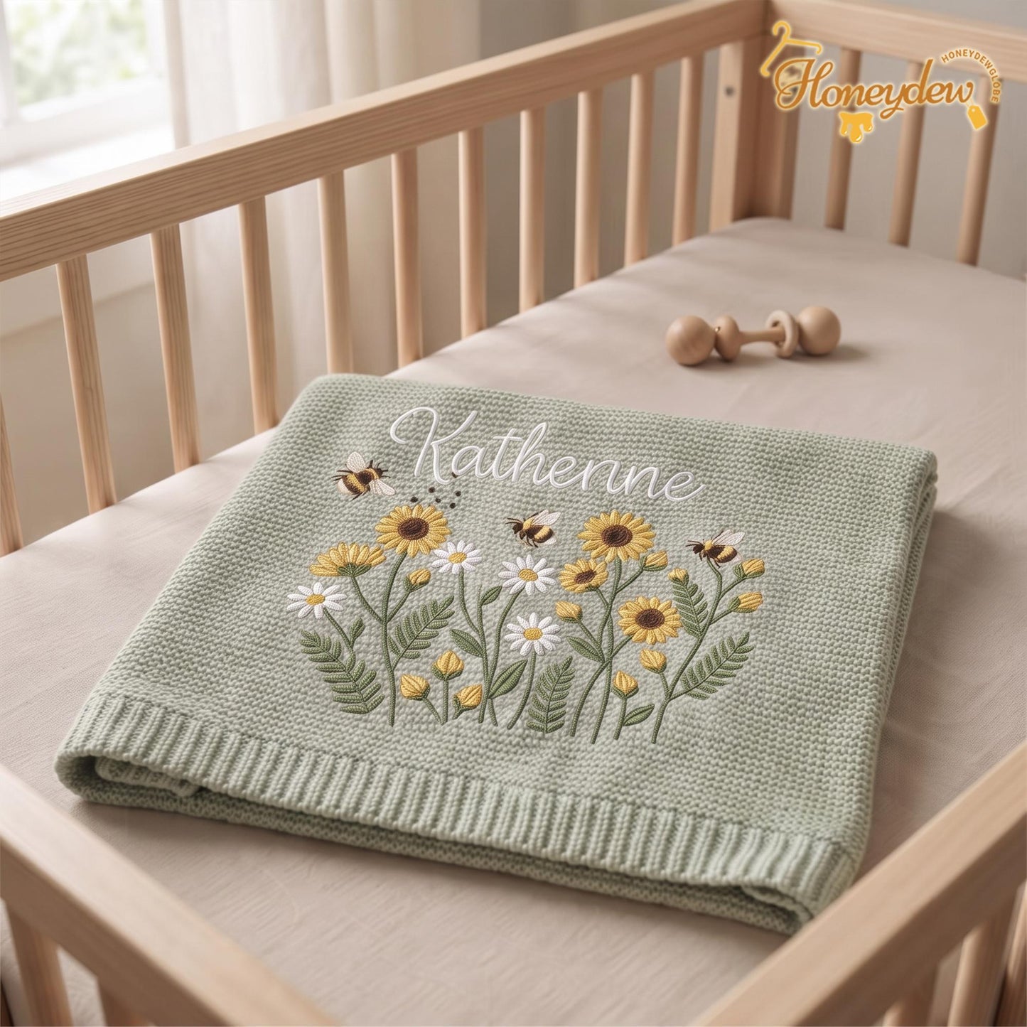 Embroidered Personalized Sun Flowers with Bee Baby Blanket
