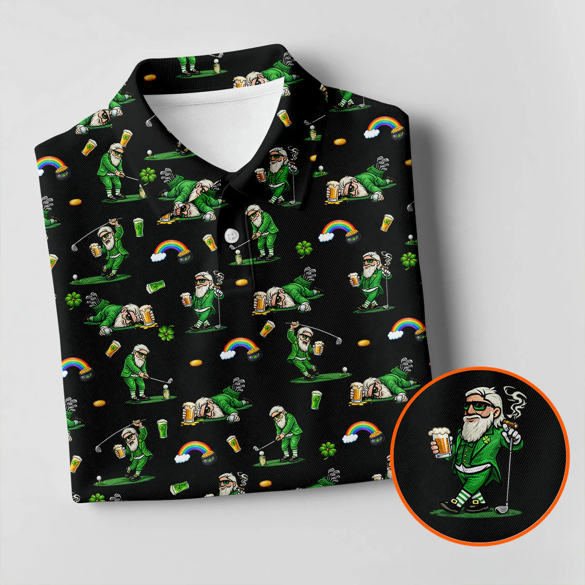 St Patrick's Day Leprechaun Character Golf And Beer Black Golf Shirt