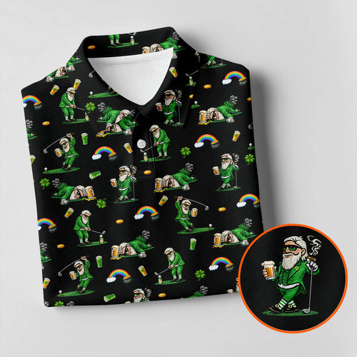 St Patrick's Day Leprechaun Character Golf And Beer Black Golf Shirt